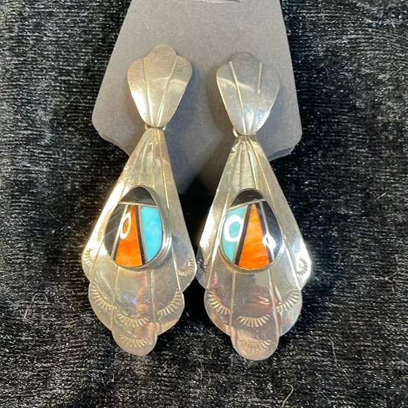 Vintage sterling silver inlay dangle earrings. Signed by artist. - Picture 1 of 5